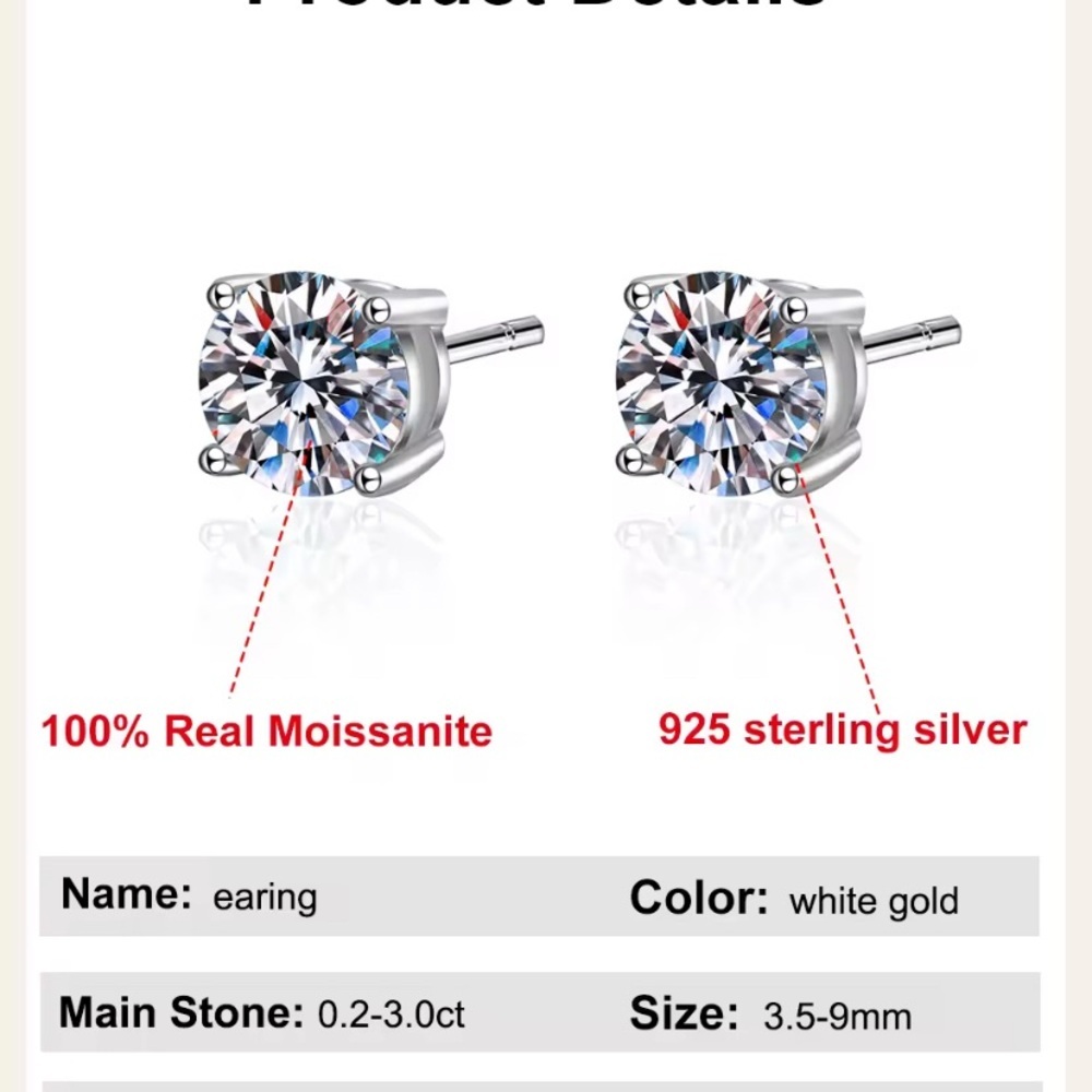 Moissanite Sparkling Silver  Stud Earrings with Gemstones - Picture 6 of 7